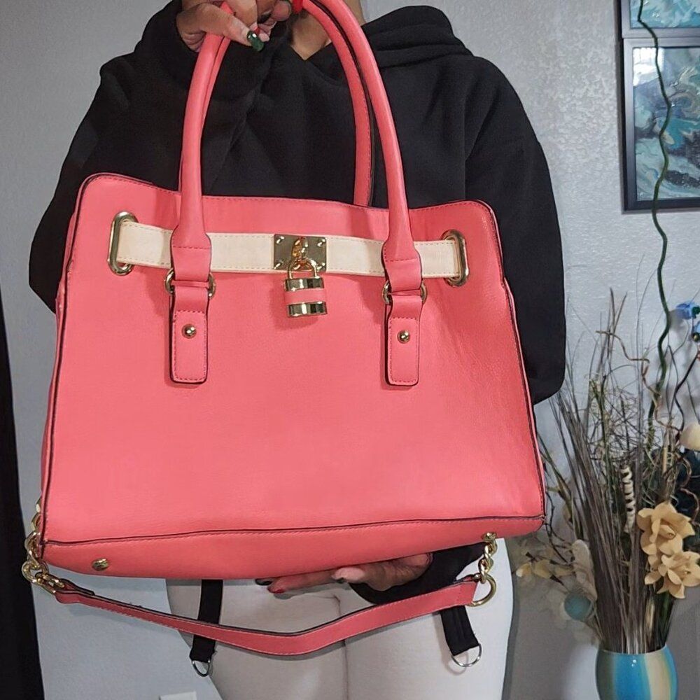 Hot Coral Pink Satchel Purse/ Tote - Picture 2 of 10
